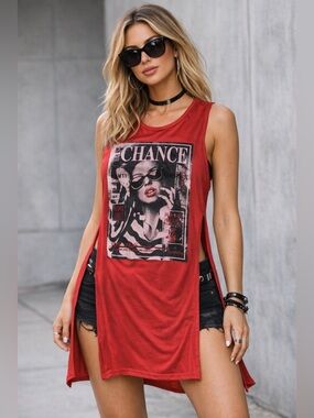Cleo Apparel Womens S/M (faded tag) Tunic Graphic T-Shirt Cover-up Side Split